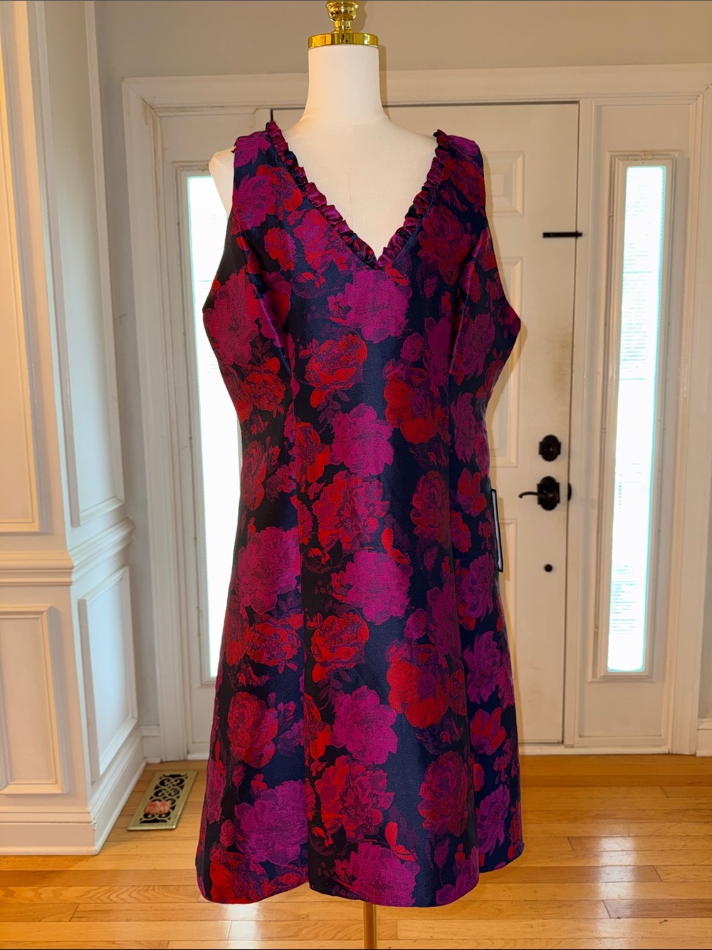 Adrianna Papell Navy Floral High-Low Dress with Fuchsia and Red Accents